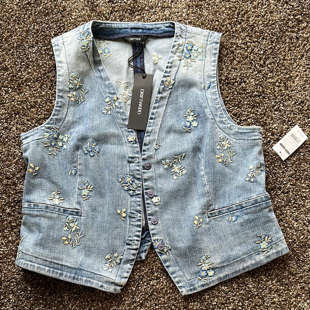 Crown & Ivy Blue Floral Denim Vest